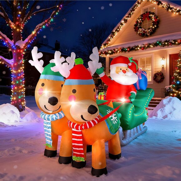 ⚡6.7FT Christmas Inflatables Santa Sleigh with Two Reindeer Outdoor Decorations - Picture 5 of 7